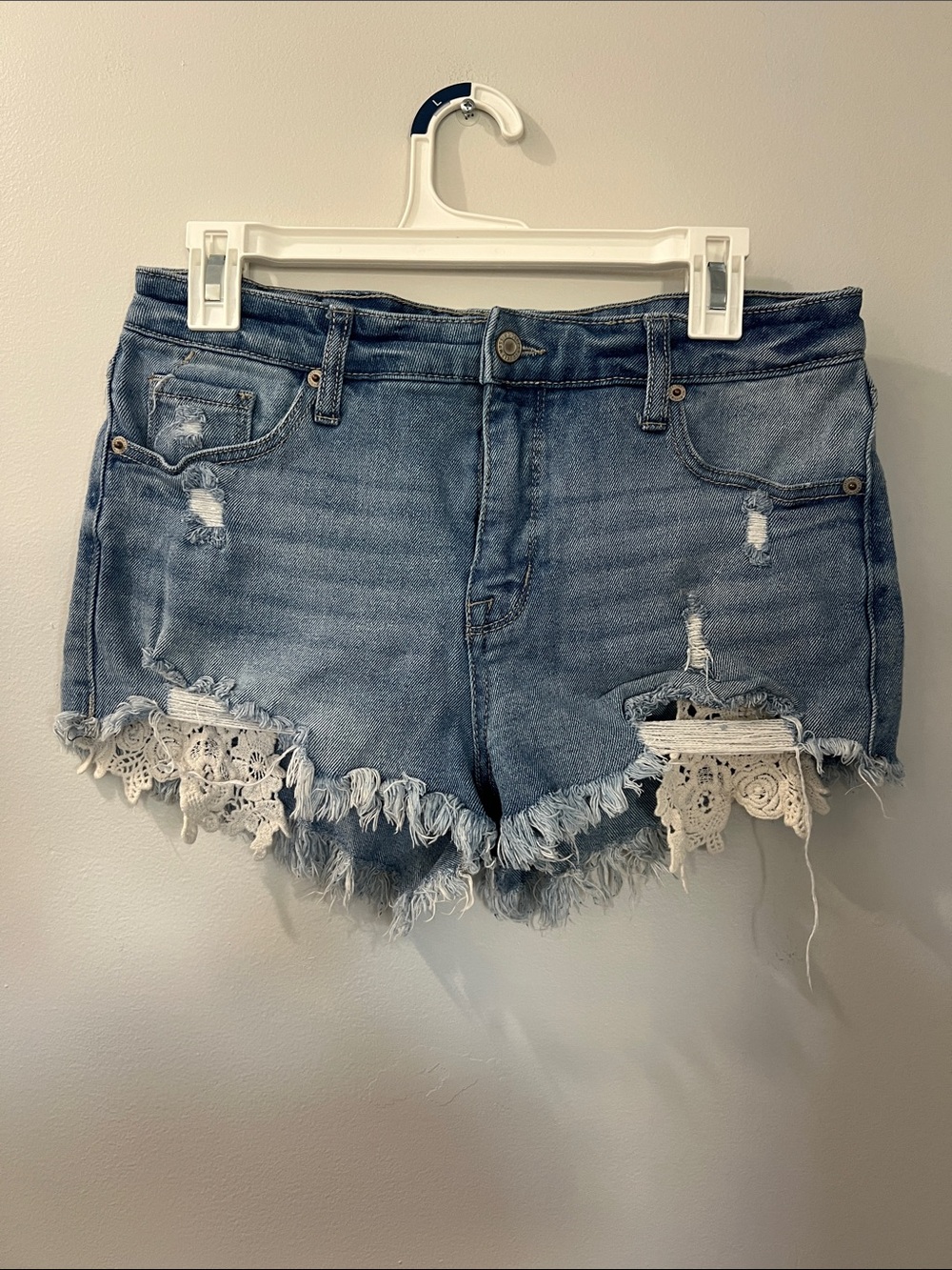 Mossimo Supply Co. Light Blue Distressed Denim Shorts with Lace Trim